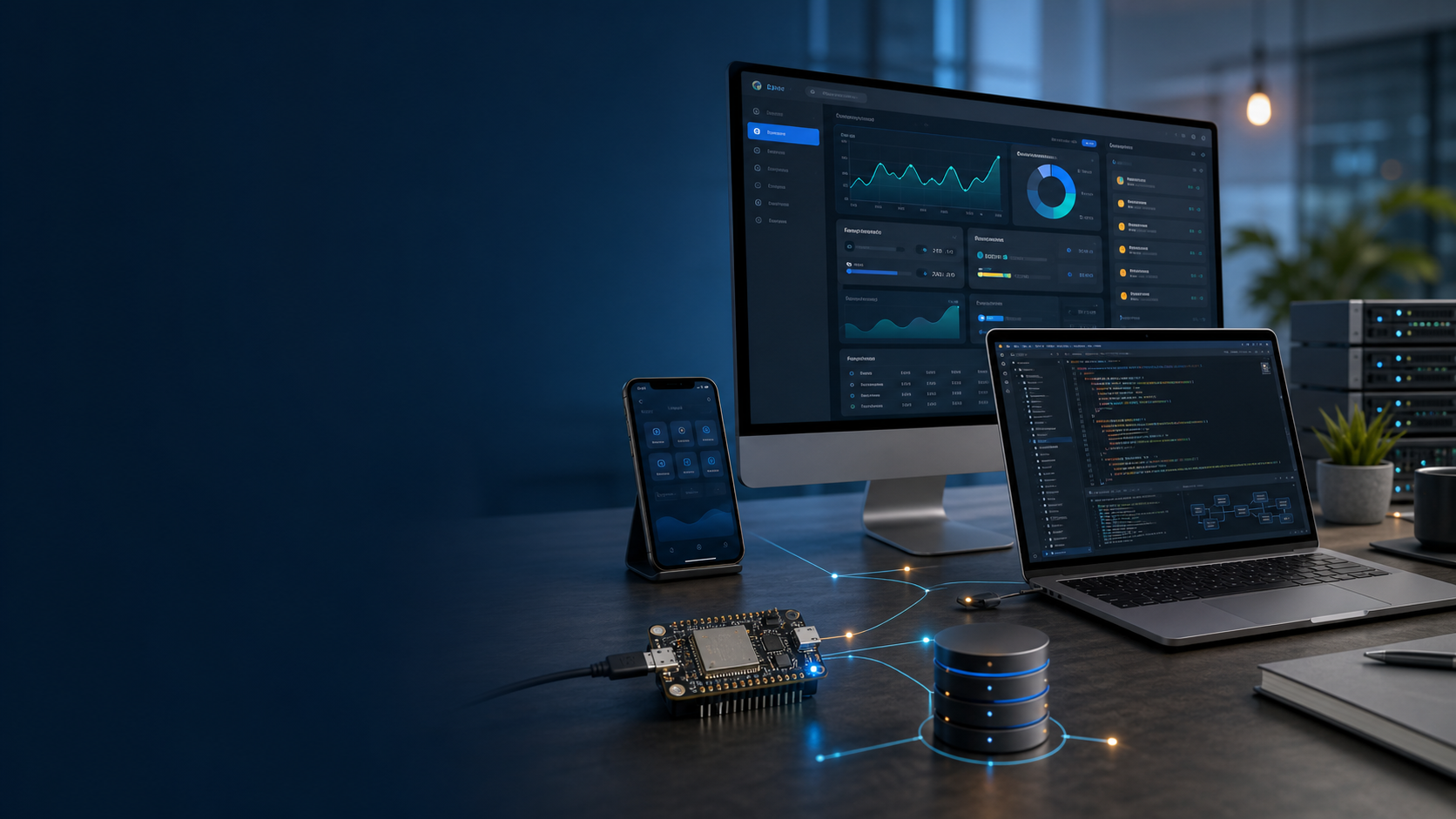 Postazione tecnica con dashboard software, app mobile, database e scheda embedded